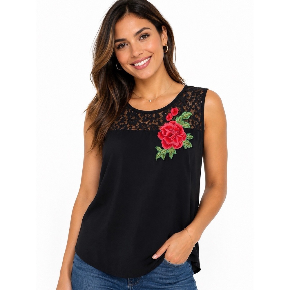Adele & May L Black Lace Floral Embroidered Sleeveless Tank Top